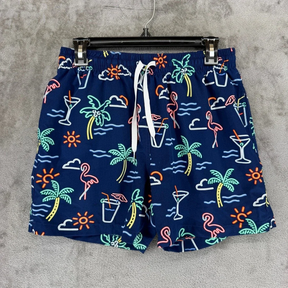 Chubbies Mens Navy Neon Tropical Flamingo Palm Tree Swim Trunks Size Medium 5.5